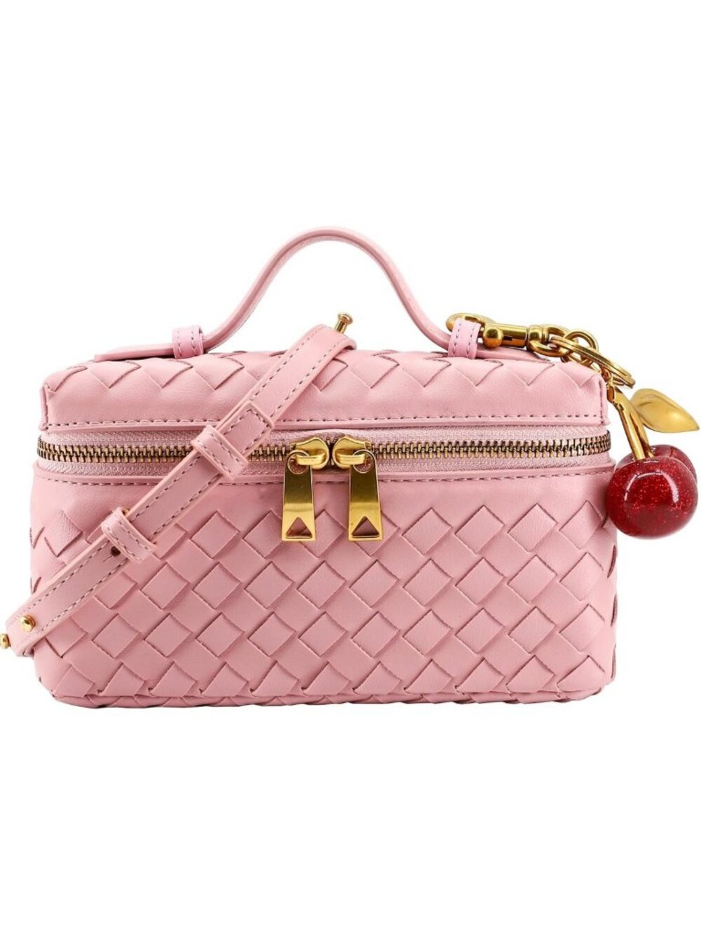 Chic Small Woven Crossbody Bag for Women | Mini Leather Clutch with Cherry Charm
